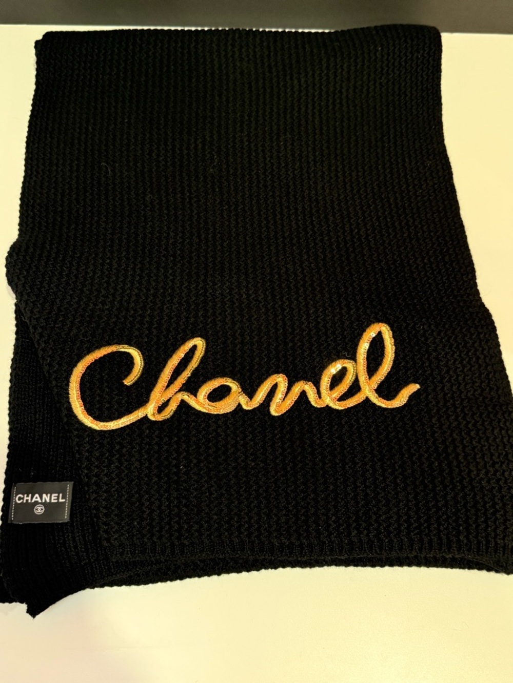 CHANEL Black Cashmere Logo Scarf Embroidered Sequin Cursive Logo-Season 2022